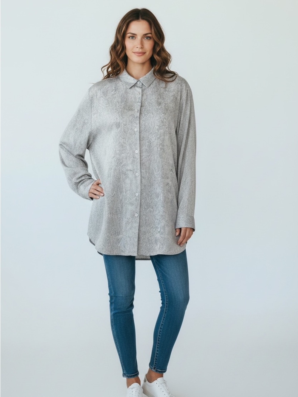 Chicos Women’s Size 12 Python Print Long Sleeve Button Down Jacquard Tunic Shirt